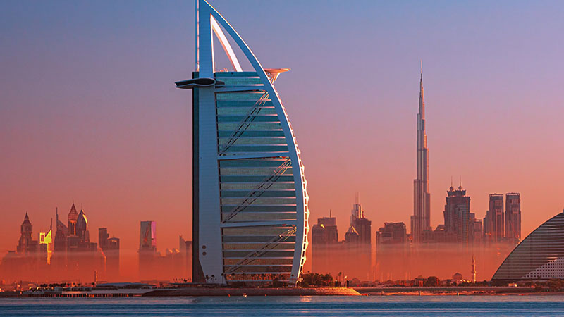 View of The Burj Al Arab at sunset