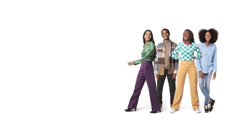 A group of smiling people standing against the white background