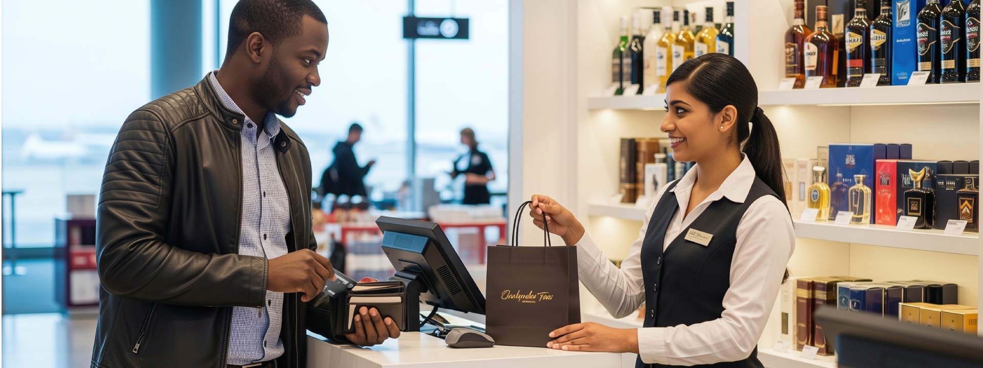 Customer using a card to pay for cosmetics at a duty-free shop.