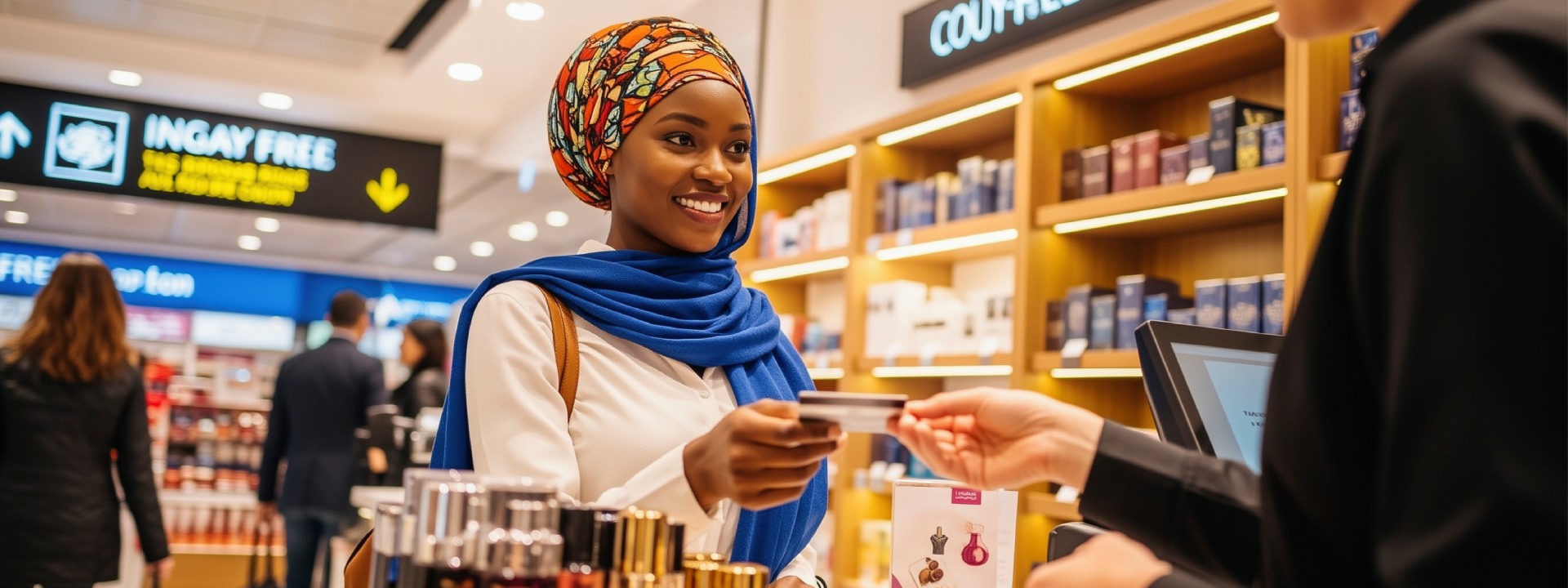 Customer using a card to pay for cosmetics at a duty-free shop.
