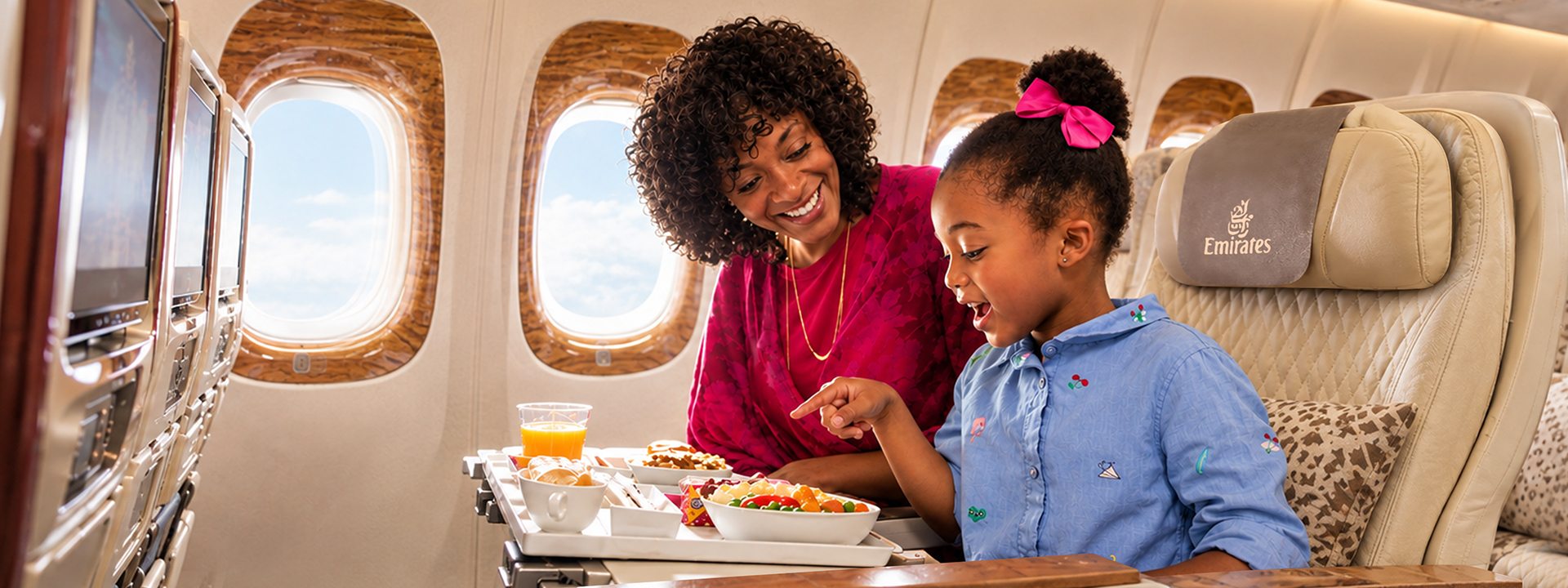 Mother and daughter enjoying a meal on an Emirates flight.