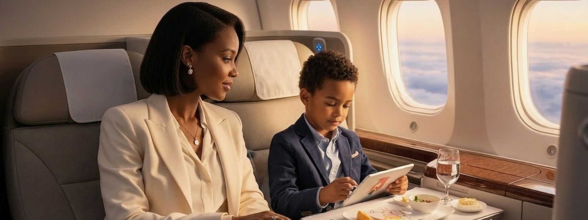 Woman and child seated in a premium airplane cabin using a tablet during a flight.