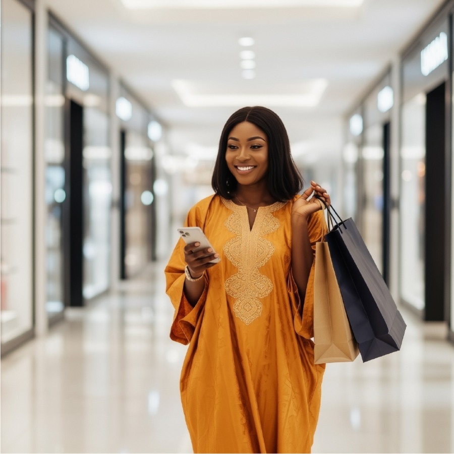 Woman holding shopping bags and using her smartphone in a mall.