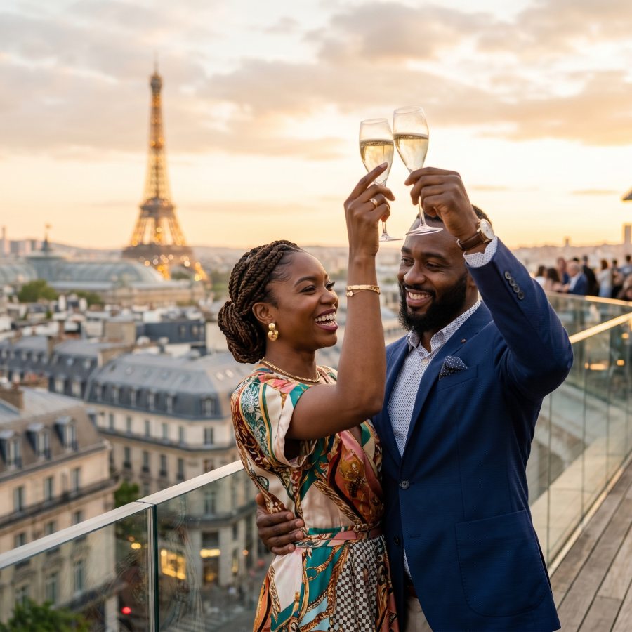 Couple toasting with champagne on a rooftop terrace overlooking the Eiffel Tower at sunset