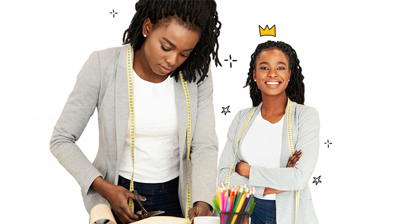 A female entrepreneur cuts fabric with scissors