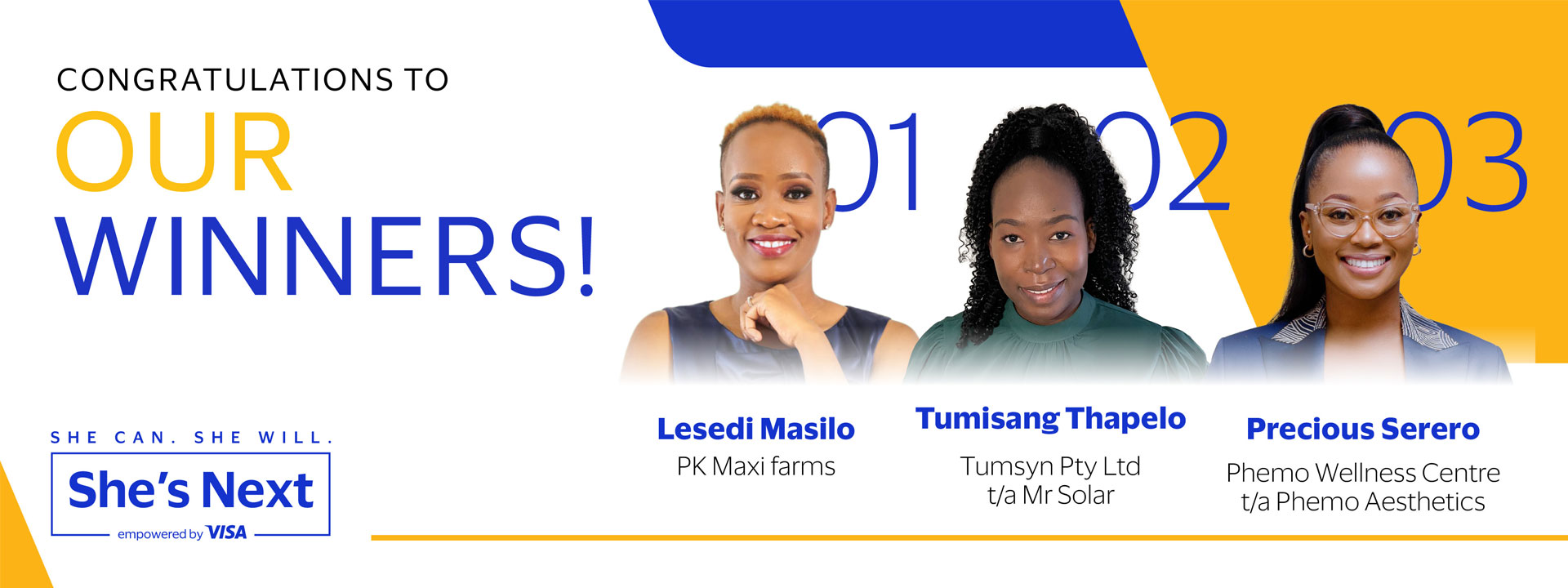 Congratulations banner featuring three women winners: Lesedi Masilo, Tumisang Thapelo, and Precious Serero. Text reads, "She’s Next, empowered by Visa."