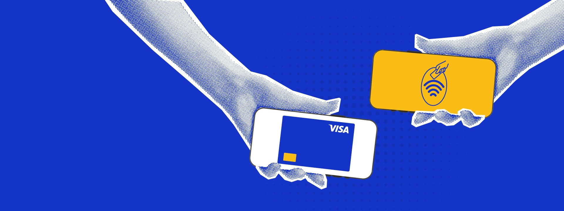  Two hands holding phones: one with a Visa card and the other with a contactless payment icon.