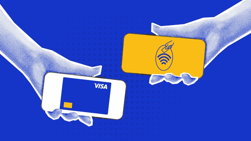  Two hands holding phones: one with a Visa card and the other with a contactless payment icon.