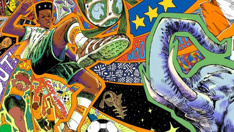 Dynamic illustration of a soccer player kicking a ball amid vibrant graphics and symbols, including stars and an elephant.