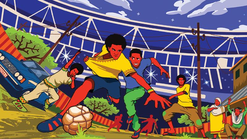 Vibrant street soccer scene with two boys in colorful outfits playing energetically, watched by enthusiastic onlookers, under a stadium's evening glow.