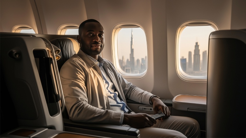 Business traveler seated in a premium airplane cabin with city skyline visible through the aircraft windows.