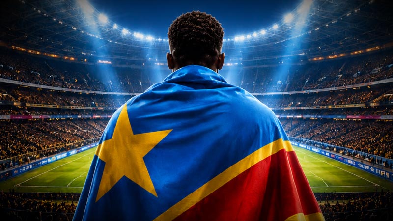 Football player seen from behind, wrapped in a flag, standing in a brightly lit stadium.
