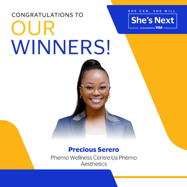 Congratulations message for Precious Serero from Phemo Wellness Centre t/a Phemo Aesthetics. The image has a modern design with blue and yellow accents and a "She's Next" Visa logo.