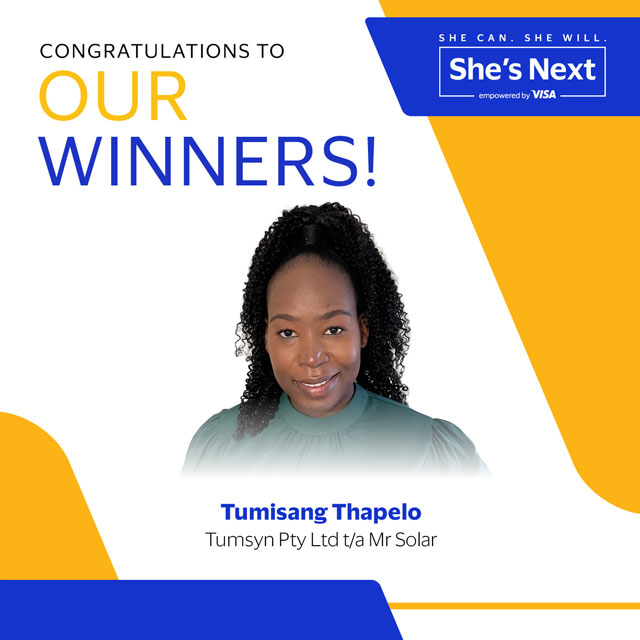 Congratulations message for Tumisang Thapelo from Tumsyn Pty Ltd t/a Mr Solar. The image has a modern design with blue and yellow accents and a "She's Next" Visa logo.