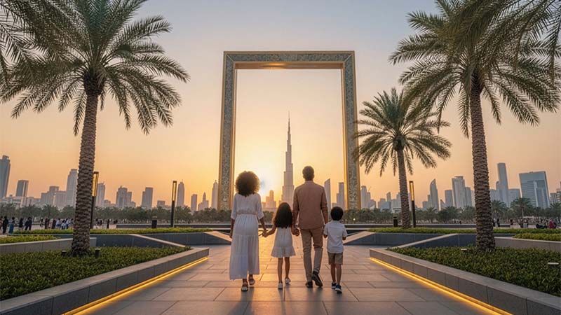 A family of four walks hand in hand toward a large rectangular structure at sunset, flanked by palm trees, with a city skyline in the background.